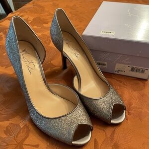Marc Fisher Silver Glitter Peep Toe Heels